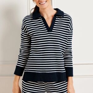 T By Talbots Cotton French Terry Johnny Collar Pullover Navy And White